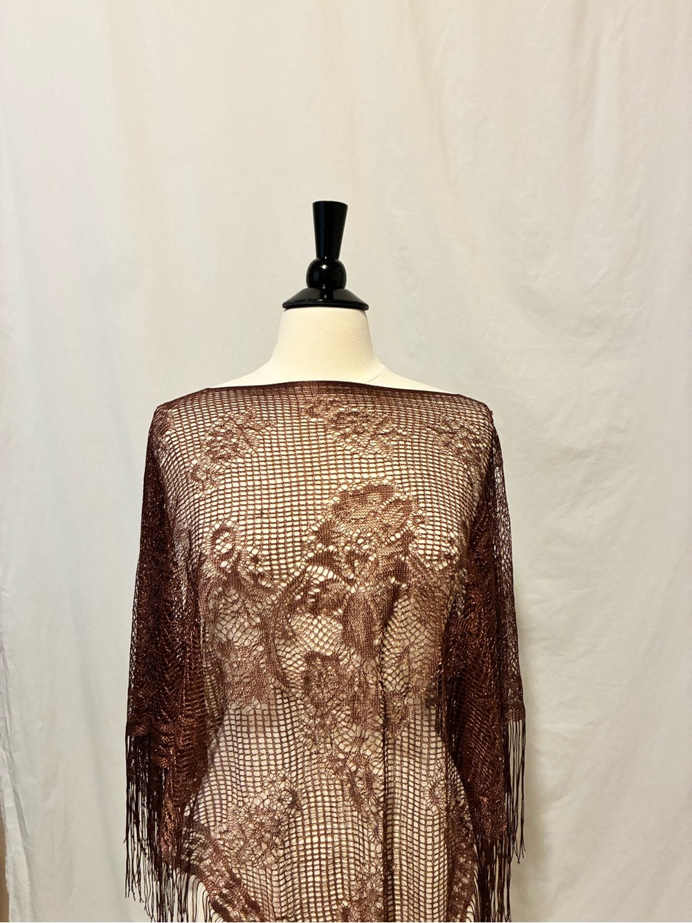 Sheer Floral lace Fringe Top/shawl/poncho - Brown
